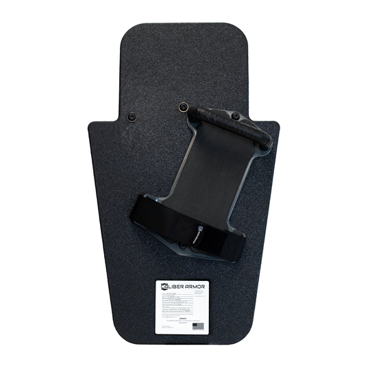 Backside of black 15" x 25" Caliber Armor Pistol rated Level IIIA HG2 Ballistic Shield with three position handle setup for left handed use on a white background 3
