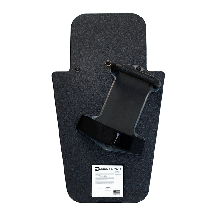 Backside of black 15" x 25" Caliber Armor Pistol rated Level IIIA HG2 Ballistic Shield with three position handle setup for left handed use on a white background 3