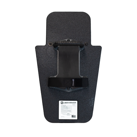 Backside of black 15" x 25" Caliber Armor Pistol rated Level IIIA HG2 Ballistic Shield with three position handle setup with handle in the center position on a white background 2