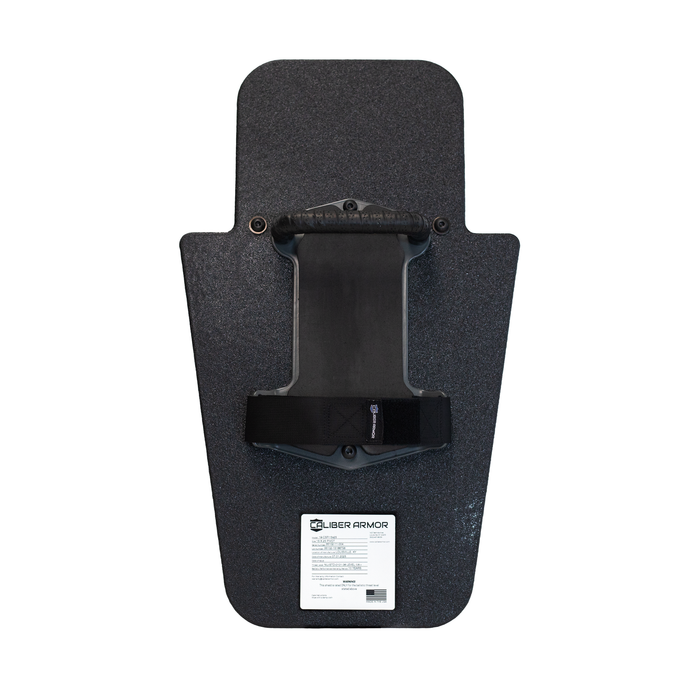 Backside of black 15" x 25" Caliber Armor Pistol rated Level IIIA HG2 Ballistic Shield with three position handle setup with handle in the center position on a white background 2