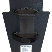 Close up of backside of black 15" x 25" Caliber Armor Pistol rated Level IIIA HG2 Ballistic Shield with handle in the center, padded arm rest & quick release strap on a white background 4