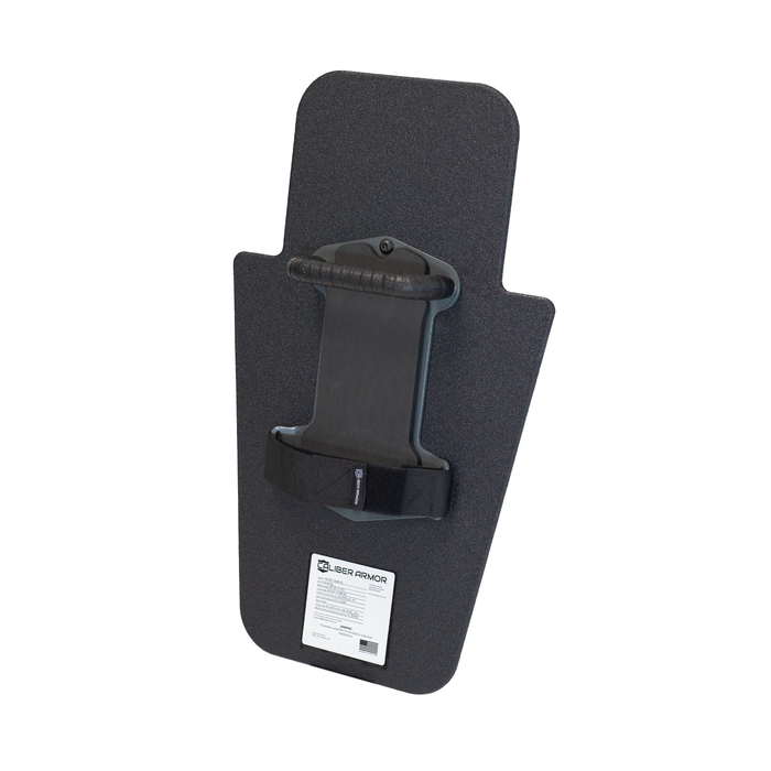 Back of black 15" x 25" Caliber Armor Pistol rated Level IIIA HG2 Ballistic Shield with fixed streamlined handle in the center on a white background 2