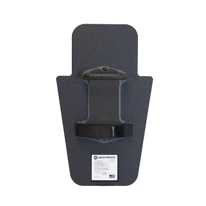 Backside view of black 15" x 25" Caliber Armor Pistol rated Level IIIA HG2 Ballistic Shield with fixed streamlined handle in the center, padded armrest, & quick release strap on a white background 5