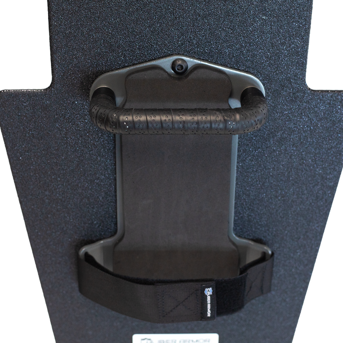 Up close view of black 15" x 25" Caliber Armor Pistol rated Level IIIA HG2 Ballistic Shield with fixed streamlined handle in the center on a white background 6