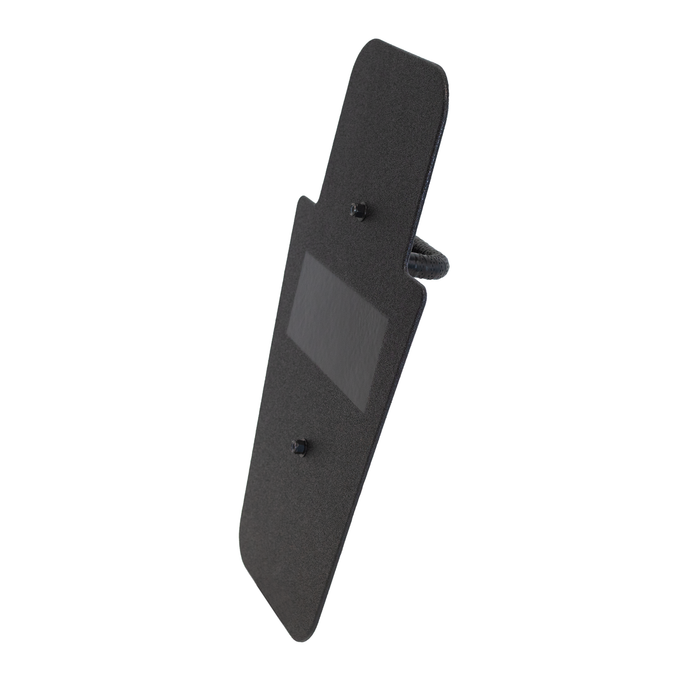 Profile view of black 15" x 25" Caliber Armor Pistol rated Level IIIA HG2 Ballistic Shield with fixed handle in the center on a white background 1