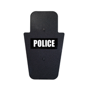 Front of black 15" x 25" Caliber Armor Pistol rated Level IIIA HG2 Ballistic Shield with fixed handle in the center & white text "police" on a white background 7