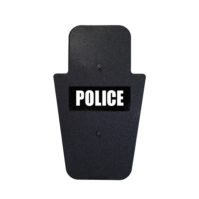 Front of black 15" x 25" Caliber Armor Pistol rated Level IIIA HG2 Ballistic Shield with fixed handle in the center & white text "police" on a white background 7