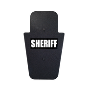 Front of black 15" x 25" Caliber Armor Pistol rated Level IIIA HG2 Ballistic Shield with fixed handle in the center & white text "sheriff" on a white background 8
