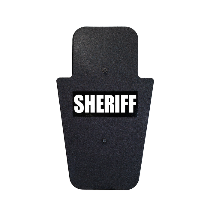 Front of black 15" x 25" Caliber Armor Pistol rated Level IIIA HG2 Ballistic Shield with fixed handle in the center & white text "sheriff" on a white background 8