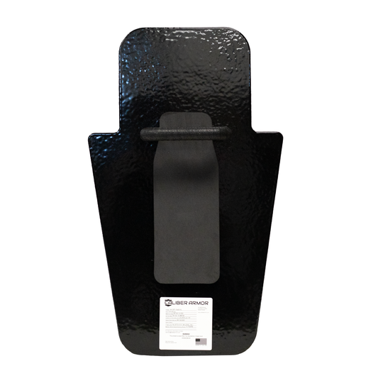Back of black 15" x 25" Caliber Armor Pistol rated Level IIIA HG2 Ballistic Shield with fixed value line handle & padded armrest in the center on a white background 1