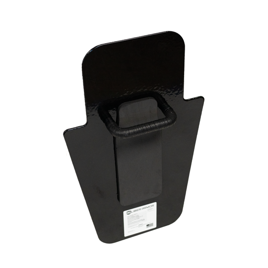 Close up of back of black 15" x 25" Caliber Armor Pistol rated Level IIIA HG2 Ballistic Shield with fixed value line handle in the center on a white background 2