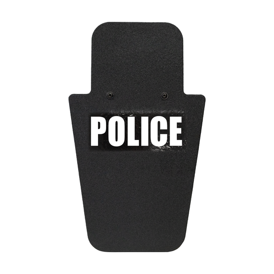 Front of black 15" x 25" Caliber Armor Pistol rated Level IIIA HG2 Ballistic Shield with fixed value line handle in the center & text of "police" in white on a white background 3
