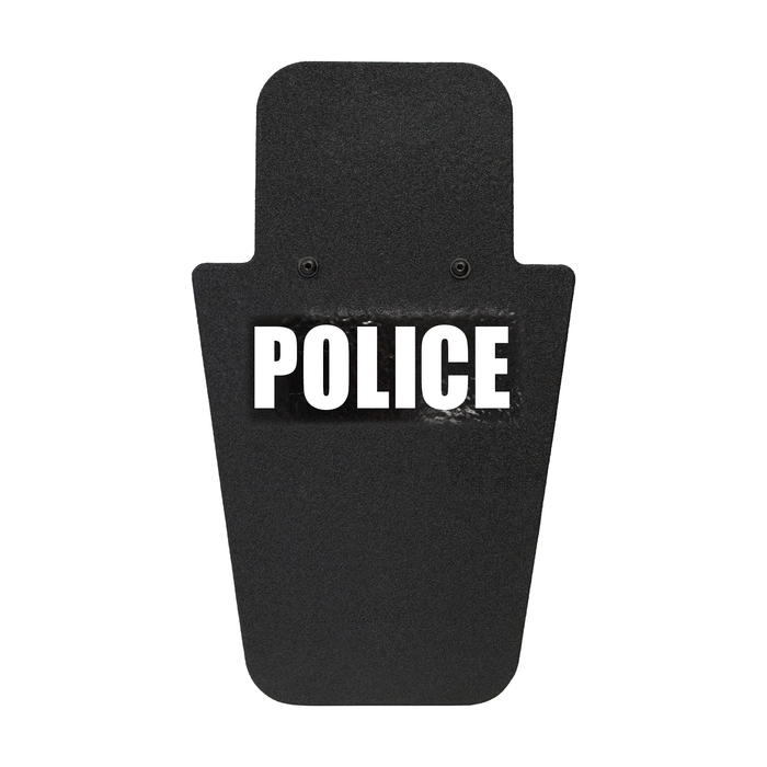 Front of black 15" x 25" Caliber Armor Pistol rated Level IIIA HG2 Ballistic Shield with fixed value line handle in the center & text of "police" in white on a white background 5