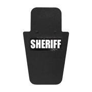 Front of black 15" x 25" Caliber Armor Pistol rated Level IIIA HG2 Ballistic Shield with fixed value line handle in the center & text of "sheriff" in white on a white background 6