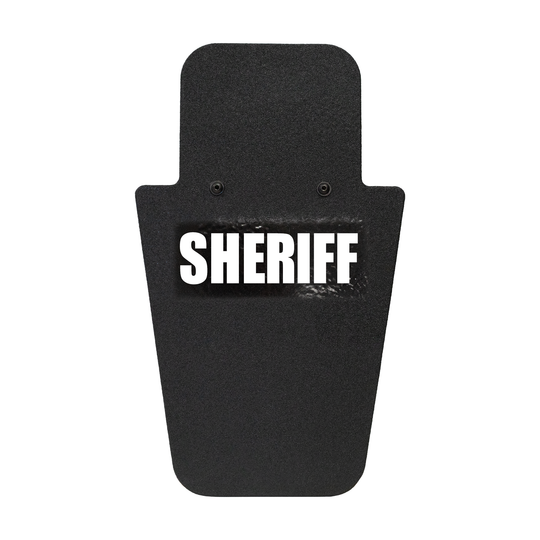 Front of black 15" x 25" Caliber Armor Pistol rated Level IIIA HG2 Ballistic Shield with fixed value line handle in the center & text of "sheriff" in white on a white background 4