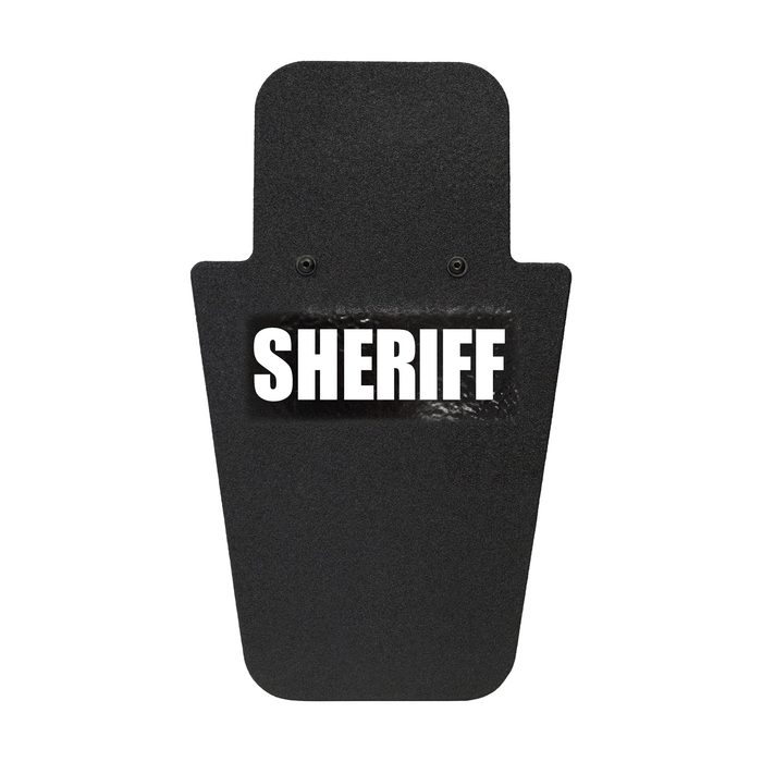 Front of black 15" x 25" Caliber Armor Pistol rated Level IIIA HG2 Ballistic Shield with fixed value line handle in the center & text of "sheriff" in white on a white background 6