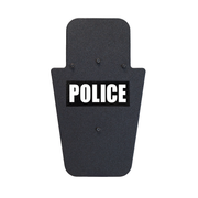 Front of black 15" x 25" Caliber Armor Pistol rated Level IIIA HG2 Ballistic Shield with pivoting handle with Police logo on a white background 13