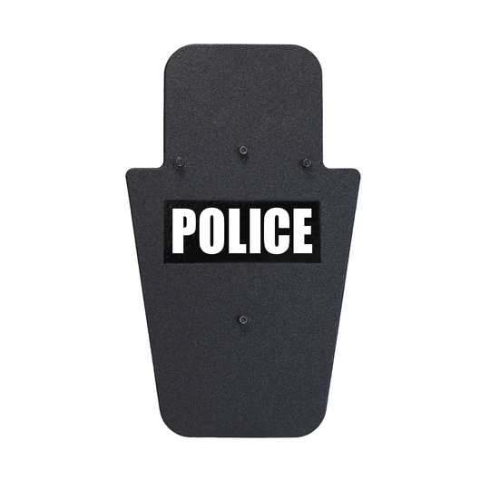 Front of black 15" x 25" Caliber Armor Pistol rated Level IIIA HG2 Ballistic Shield with pivoting handle with Police logo on a white background 11