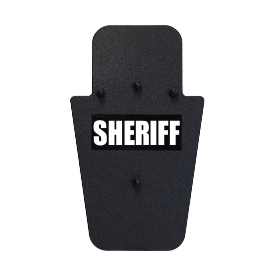Front of black 15" x 25" Caliber Armor Pistol rated Level IIIA HG2 Ballistic Shield with pivoting handle with Sheriff logo on a white background 10