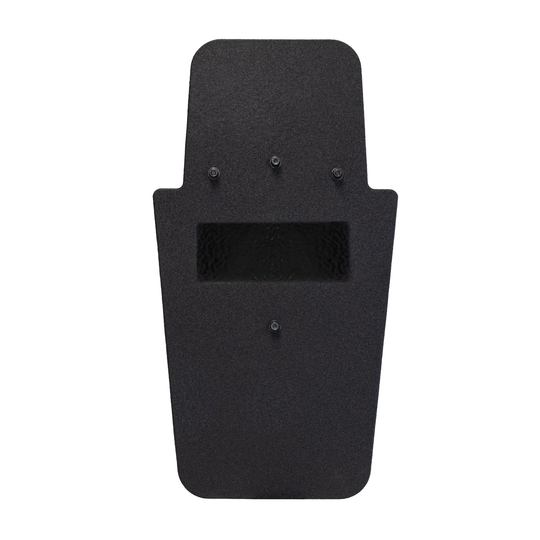 Front of a black 16" x 30" Caliber Armor Pistol rated Level IIIA HG2 Ballistic Shield with pivoting handle on a white background 12