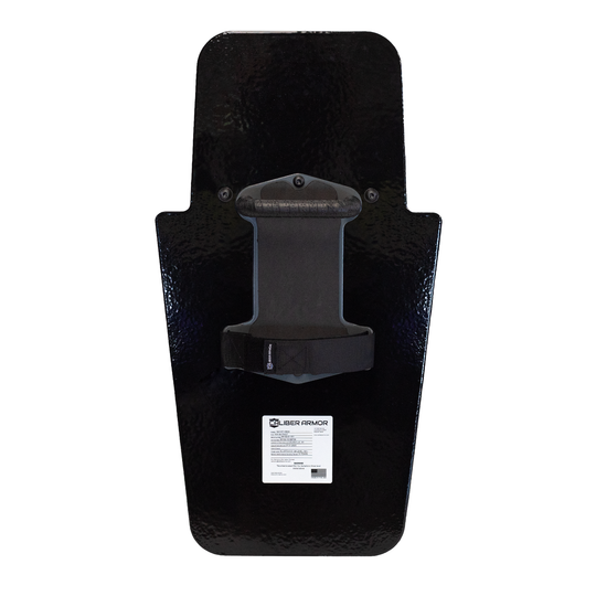 Backside of black 16" x 30" Caliber Armor Pistol rated Level IIIA HG2 Ballistic Shield with three position handle in the center position on a white background 14