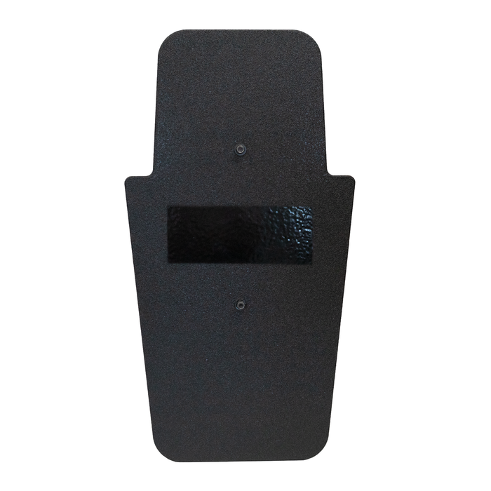 Front of black 16" x 30" Caliber Armor Pistol rated Level IIIA HG2 Ballistic Shield with fixed handle in the center on a white background 11