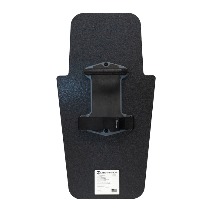 Backside view of black 16" x 30" Caliber Armor Pistol rated Level IIIA HG2 Ballistic Shield with fixed streamlined handle in the center, padded armrest, & quick release strap on a white background 10