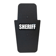 Front of black 16" x 30" Caliber Armor Pistol rated Level IIIA HG2 Ballistic Shield with fixed handle in the center & white text "sheriff" on a white background 9