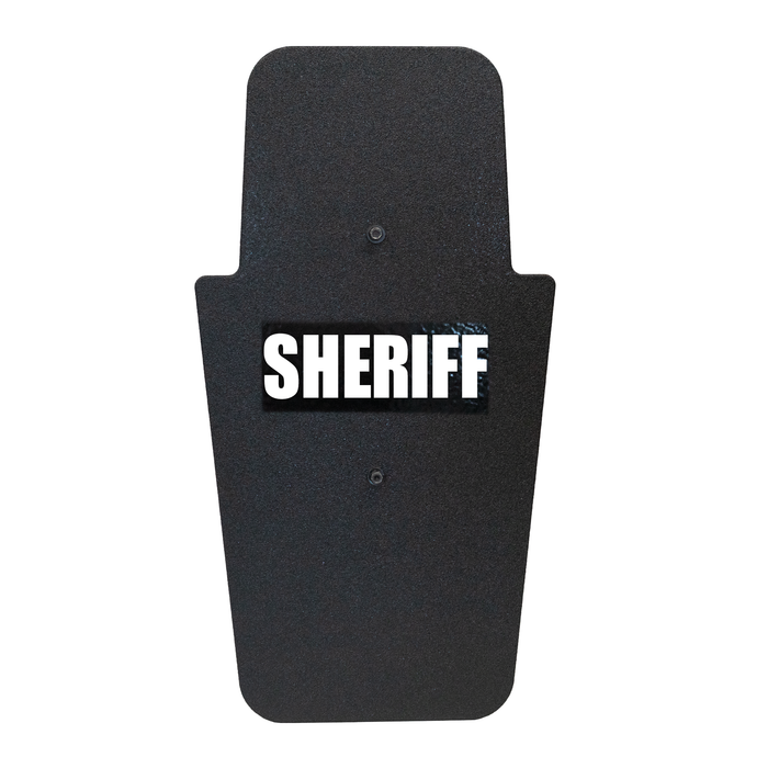 Front of black 16" x 30" Caliber Armor Pistol rated Level IIIA HG2 Ballistic Shield with fixed handle in the center & white text "sheriff" on a white background 9