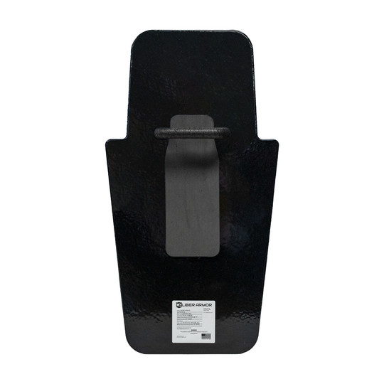 Back of black 16" x 30" Caliber Armor Pistol rated Level IIIA HG2 Ballistic Shield with fixed value line handle & padded armrest in the center on a white background 7