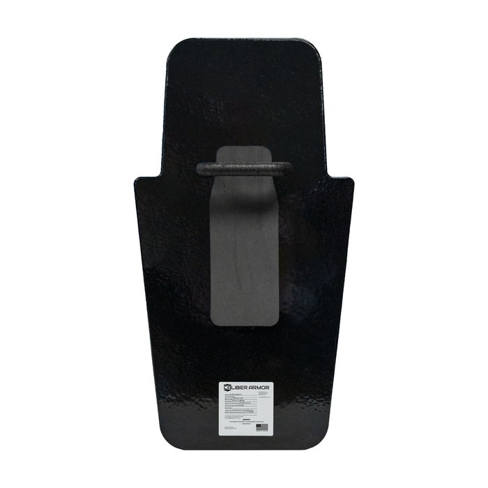 Back of black 16" x 30" Caliber Armor Pistol rated Level IIIA HG2 Ballistic Shield with fixed value line handle & padded armrest in the center on a white background 9