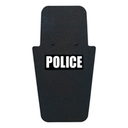 Front of black 16" x 30" Caliber Armor Pistol rated Level IIIA HG2 Ballistic Shield with fixed value line handle in the center & text of "police" in white on a white background 8