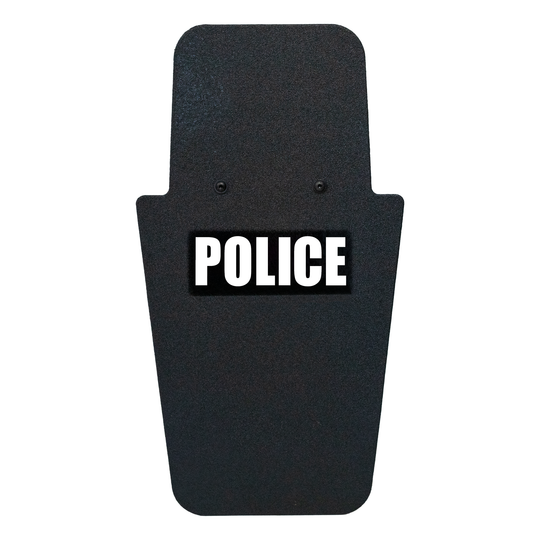Front of black 16" x 30" Caliber Armor Pistol rated Level IIIA HG2 Ballistic Shield with fixed value line handle in the center & text of "police" in white on a white background 6