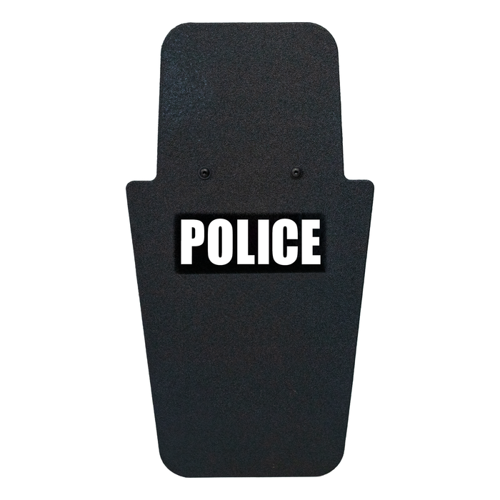 Front of black 16" x 30" Caliber Armor Pistol rated Level IIIA HG2 Ballistic Shield with fixed value line handle in the center & text of "police" in white on a white background 8