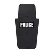 Front of a black 16" x 30" Caliber Armor Pistol rated Level IIIA HG2 Ballistic Shield with pivoting handle with Police text on a white background 15