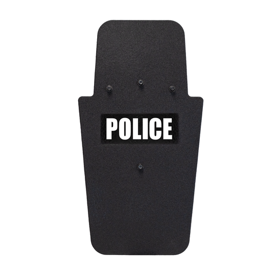 Front of a black 16" x 30" Caliber Armor Pistol rated Level IIIA HG2 Ballistic Shield with pivoting handle with Police text on a white background 13