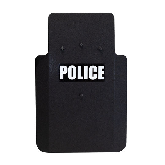 Front of black 20" x 30" Caliber Armor Pistol rated Level IIIA HG2 Ballistic Shield with three handle positions, text on the front in white that reads "police" on a white background 1