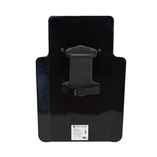 Back of black 20" x 30" Caliber Armor Pistol rated Level IIIA HG2 Ballistic Shield with three position handled, setup with center mounted handle, padded armrest & quick release strap on a white background 3