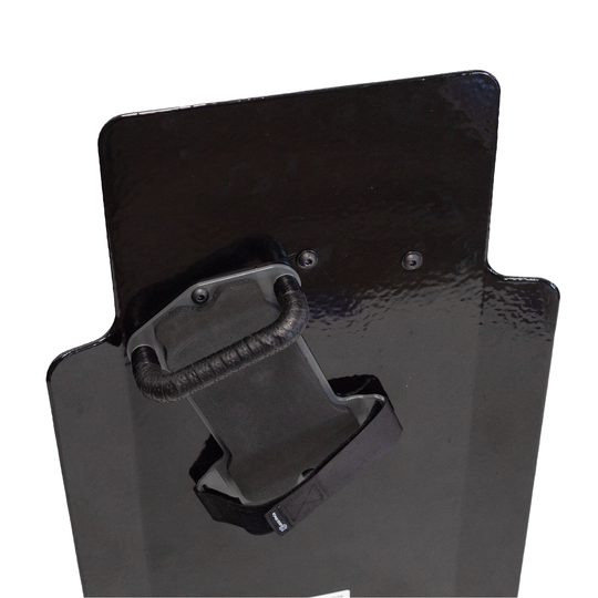 Upclose view of back of black 20" x 30" Caliber Armor Pistol rated Level IIIA HG2 Ballistic Shield with three position handled, padded armrest & quick release strap on a white background 6