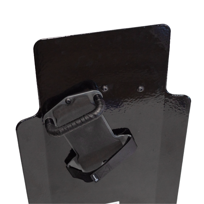Upclose view of back of black 20" x 30" Caliber Armor Pistol rated Level IIIA HG2 Ballistic Shield with three position handled, padded armrest & quick release strap on a white background 6