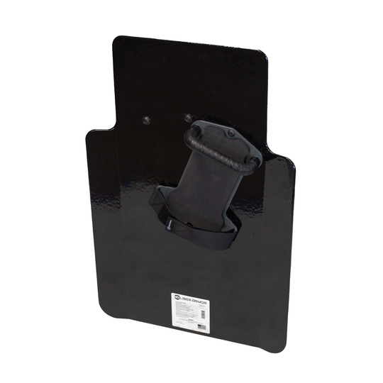 Back of black 20" x 30" Caliber Armor Pistol rated Level IIIA HG2 Ballistic Shield with three position handled, setup for left handed use for right handed shooter,padded armrest & quick release strap on a white background 5