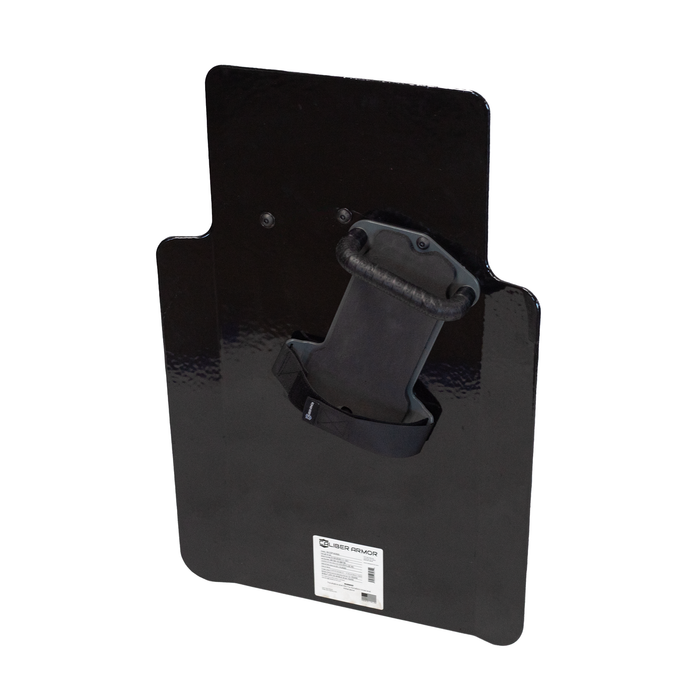 Back of black 20" x 30" Caliber Armor Pistol rated Level IIIA HG2 Ballistic Shield with three position handled, setup for left handed use for right handed shooter,padded armrest & quick release strap on a white background 5