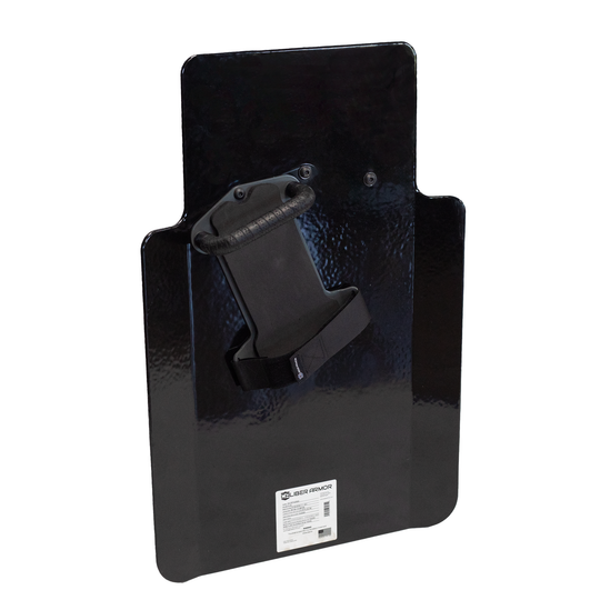 Back of black 20" x 30" Caliber Armor Pistol rated Level IIIA HG2 Ballistic Shield with three position handled, setup for right handed use for left handed shooter, padded armrest & quick release strap on a white background 4