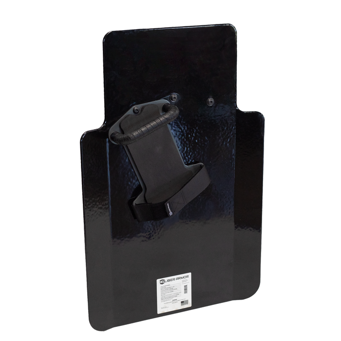 Back of black 20" x 30" Caliber Armor Pistol rated Level IIIA HG2 Ballistic Shield with three position handled, setup for right handed use for left handed shooter, padded armrest & quick release strap on a white background 4