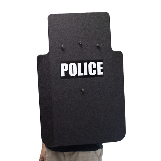 Black police riot shield with 'POLICE' text on a white background 8