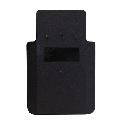 Front of black 20" x 30" Caliber Armor Pistol rated Level IIIA HG2 Ballistic Shield with three handle positions on a white background