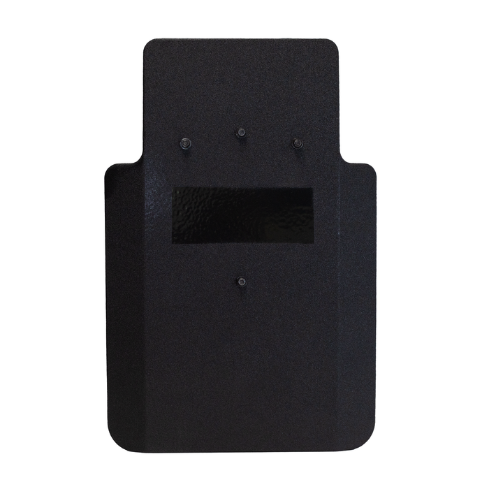 Front of black 20" x 30" Caliber Armor Pistol rated Level IIIA HG2 Ballistic Shield with three handle positions on a white background 0