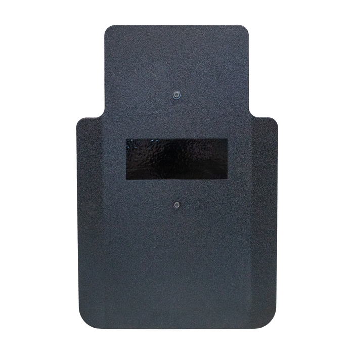 Front of black 20" x 30" Caliber Armor Pistol rated Level IIIA HG2 Ballistic Shield with fixed streamlined handle in the center on a white background 0