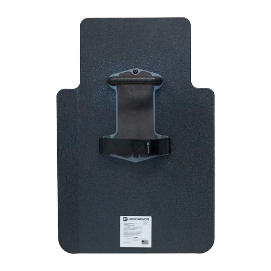 Backside view of black 20" x 30" Caliber Armor Pistol rated Level IIIA HG2 Ballistic Shield with fixed streamlined handle in the center, padded armrest & quick release strap on a white background 3