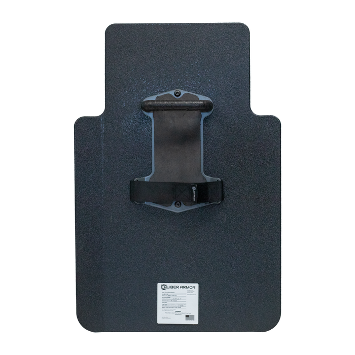 Backside view of black 20" x 30" Caliber Armor Pistol rated Level IIIA HG2 Ballistic Shield with fixed streamlined handle in the center, padded armrest & quick release strap on a white background 3